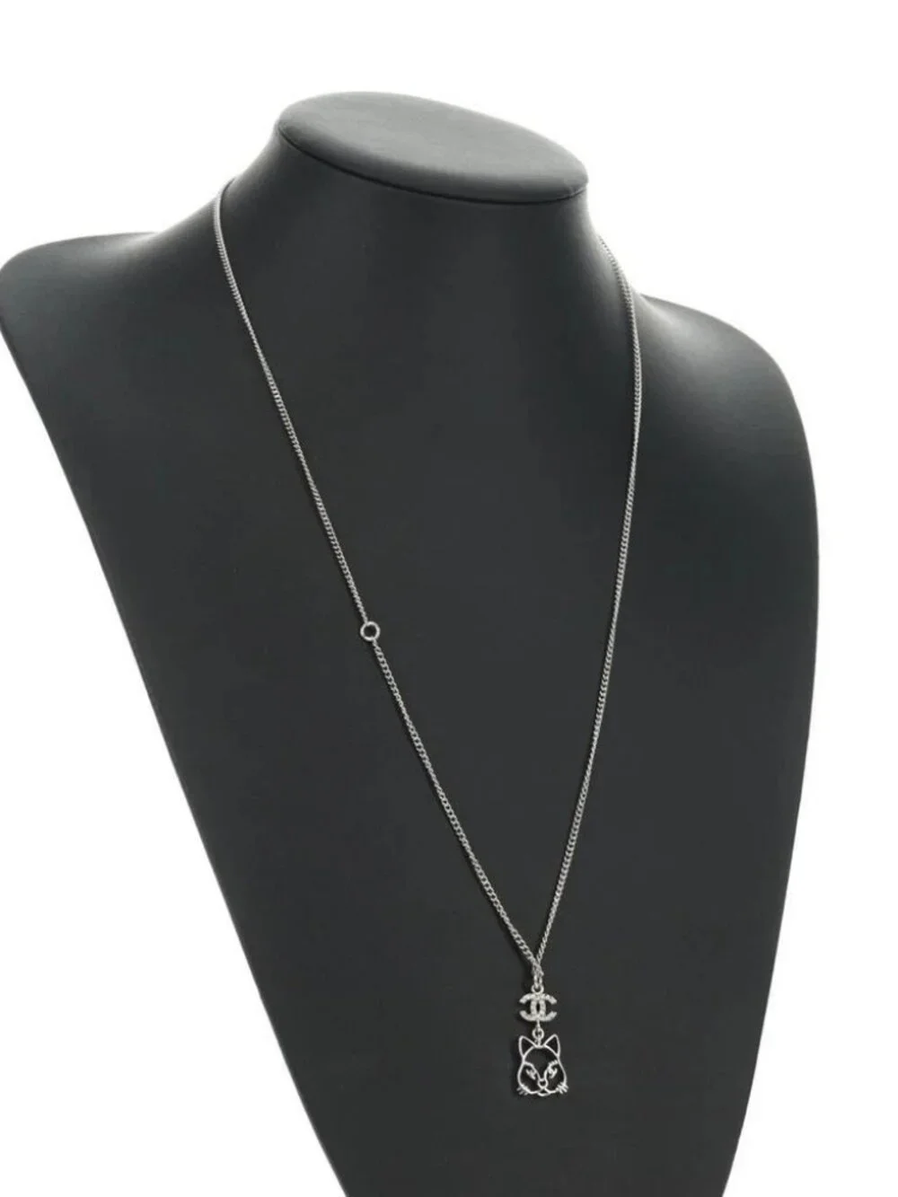 CHANEL COCO Mark Cat Necklace metal Silver CC Auth 184248M